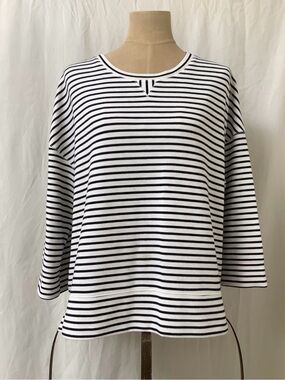 Lou & Grey Pullover Shirt Top-White with Black Stripes-Poly Blend-3/4 Sleeves-L